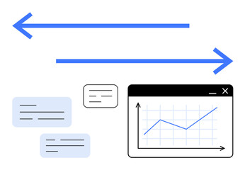Bidirectional arrows symbolize data exchange next to a line chart on a computer interface. Text boxes enhance communication themes. Ideal for analytics, business growth, communication, strategy, data