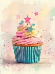 Aufkleber - Delicious cupcake topped with pastel frosting and colorful stars on a soft textured background