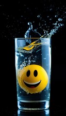 Fototapete - Yellow smiley ball floating in water inside a clear glass with splashes against a dark background highlighting the cheerful atmosphere.