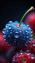 Fototapete - Blue cherry covered in water droplets creating a refreshing and vibrant appearance against contrasting red cherries.