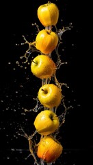 Fototapete - Five vibrant yellow apples with water splashes in motion against a black backdrop creating dramatic contrast.
