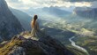 © kamral - A woman sitting on a mountain peak overlooking a vast valley, serene and empowered