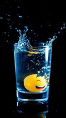 Fototapete - A yellow smiling ball splashing into a glass of water with a black background
