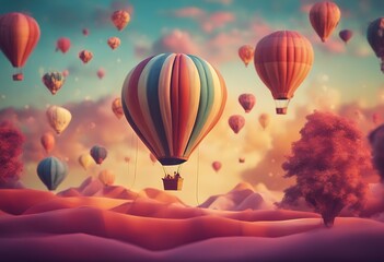 Wall Mural - vibrant colorful style art balloons sky hot paper sunrise air landscape background colourful travel scenery vector orange mountain illustration graphic design cloud sunny abstract blue journey nature