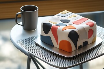 Wall Mural - Chic Mother's Day scene with a stylish fondant cake featuring modern art designs and a sleek coffee cup on a contemporary metal table.