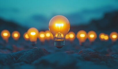 Poster - Glowing Light Bulbs Shining Brightly in a Dark Environment Concept for Innovation Ideas and Creative Solutions Inspiration : Generative AI