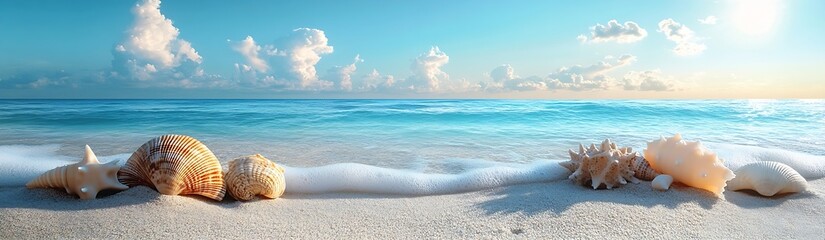Fototapete - Panoramic Seascape with Seashells on Sandy Beach Under a Bright Blue Sky Ideal for Summer Vacation Themes : Generative AI