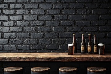 Aufkleber - Cozy Bar Scene with Beer Bottles and Glasses on Wooden Counter Black Brick Wall and Stools Classic Pub : Generative AI
