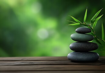Fototapete - Zen Garden Theme with Stacked Stones and Bamboo Leaves Against a Soft Green Bokeh Background for Spa Relaxation : Generative AI
