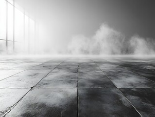 Poster - Monochrome Tile Floor with Foggy Background Minimalist Interior Design with Atmospheric Perspective and Texture : Generative AI