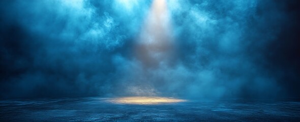 Poster - Mystical Blue Fog Background with Spotlight Moody and Dramatic Scene Abstract Backdrop with Dark Tones Foggy Ambiance : Generative AI