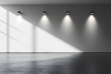 Leinwandbilder - Minimalist Room Interior with White Wall Dark Floor and Dramatic Lighting from Spotlights Casting Shadows and Creating Mood : Generative AI