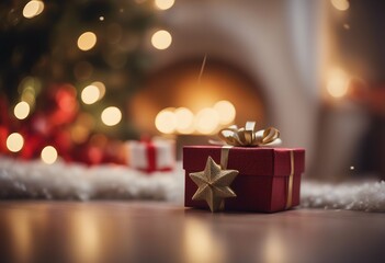 Wall Mural - lights defocused ornament fireplace interior christmas gift under abstract tree rustic package bokeh