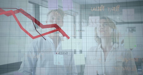 Wall Mural - image of financial data processing with red lines over businessman and businesswoman