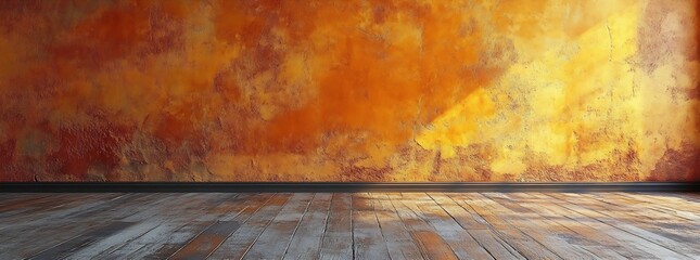 Aufkleber - Empty Room with Orange Textured Wall and Wooden Floor Interior Design Backdrop Studio Mockup Warm Tones and Classic Decor : Generative AI