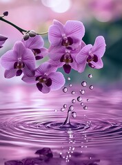 Aufkleber - Purple Orchid Blossoms with Water Droplets Serene Spa and Wellness Concept Floral Elegance Still Life : Generative AI
