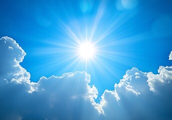 Fototapete - Stunning bright sun shining through fluffy clouds against a vibrant blue sky during the day : Generative AI