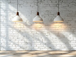 Poster - White Brick Wall Interior with Three Hanging Pendant Lights Minimalist Design Home Decor Lighting Fixture : Generative AI