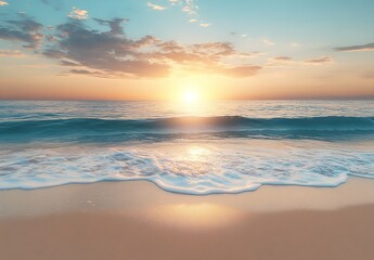 Fototapete - Serene Beach Sunset Golden Hour Over the Ocean Waves with Beautiful Sky and Sand Peaceful Coastal View Nature Scenery : Generative AI