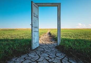 Aufkleber - Open Doorway Leading Into Vast Green Fields Under Bright Blue Sky : Generative AI
