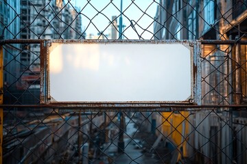 Aufkleber - Rusty Metal Frame on Wire Fence with Blank White Sign Urban Decay and Cityscape Background Great for Adding Text : Generative AI