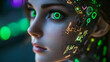 © wannn - A female robot with green eyes and dark grey metallic skin, a cyberpunk-style background, green and purple lighting effects, a high-tech atmosphere