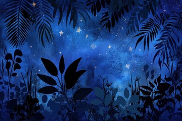 abstract night sky with tropical plants and starry background