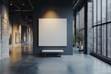 Leinwandbilder - Modern Art Gallery Interior with Blank Canvas and Bench Loft Space with Large Windows and Concrete Floor : Generative AI
