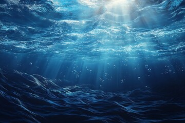Fototapete - Underwater Scene with Sunbeams and Bubbles Deep Blue Ocean Abstract Serene and Mysterious Marine Landscape : Generative AI