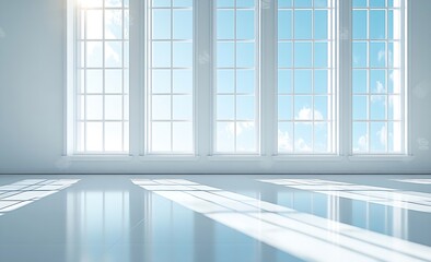 Poster - Bright White Room with Large Windows and Sky View Modern Interior Minimalist Design Sunny Day Light and Airy Space : Generative AI