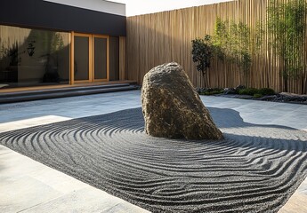 Poster - Serene Zen garden featuring a large stone and intricate patterns in the raked gravel for tranquil ambiance : Generative AI