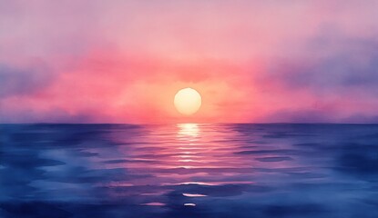 Poster - Stunning closeup of a radiant sun setting over tranquil waters in a watercolor painting : Generative AI