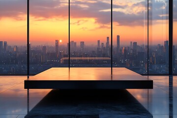 Poster - Cityscape View at Sunset Through Office Window with Platform Modern Interior Design and Urban Scenery : Generative AI