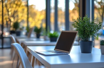 Aufkleber - Laptop and Potted Plant on Table Outdoors for Remote Work and Relaxation with Golden Light : Generative AI
