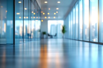 Fototapete - Modern Office Hallway with Glass Walls Polished Floors and City View for Corporate Business and Design : Generative AI