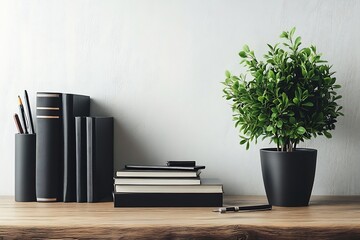 Poster - Desk with Books Plant and Pen Still Life of Work and Study in Elegant Black and Green Tones : Generative AI