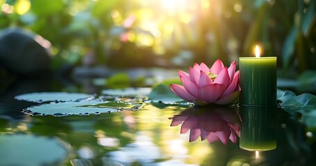 Poster - Serene Lotus Flower and Candle Floating on Water Beautiful Harmony for Spa Wellness Meditation and Peaceful Reflection : Generative AI