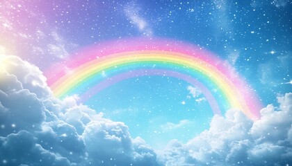 Aufkleber - Beautiful serene digital illustration of a rainbow forming over a bright blue sky filled with soft clouds : Generative AI