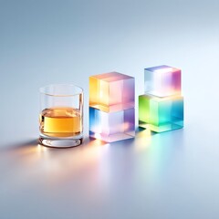 Aufkleber - Whiskey Still Life: Glass of Amber Liquid with Prism Cubes Reflecting Rainbow Colors on Gradient Background
