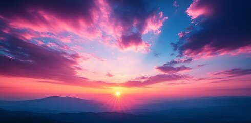 Leinwandbilder - Vibrant Pink and Blue Sunrise over Mountains Scenic Landscape with Colorful Sky and Sun Rays Peaceful Morning View : Generative AI