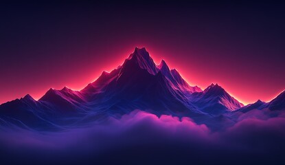 Poster - Dramatic Mountain Peak Illuminated by Fiery Pink Glow Surrounded by Mystical Clouds and Colorful Light : Generative AI