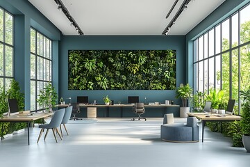 Fototapete - Green Office Space Interior with Vertical Garden Wall Empty Modern Workspace with Plants for Sustainable Design : Generative AI