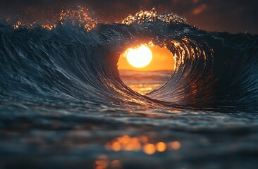 Aufkleber - Dramatic Ocean Wave at Sunset Forming Barrel Tunnel Beautiful Nature Scene for Water Sports Adventure or Coastal Photography : Generative AI
