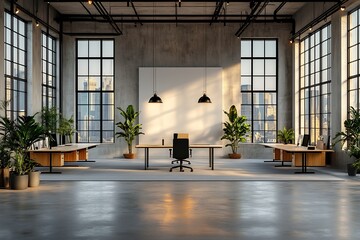 Fototapete - Modern Office Interior with Large Windows Desks and Green Plants for a Productive Work Environment and City Views : Generative AI