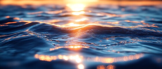 Fototapete - Ocean Water Surface with Golden Sunset Reflection Beautiful Sea Waves Abstract Nature Background Tranquil Water Scenery : Generative AI