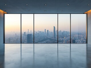 Aufkleber - Empty Modern Office Interior with Large Window Overlooking City Skyline Minimalist Design and Clean Lines Spacious Room with Concrete Floors : Generative AI