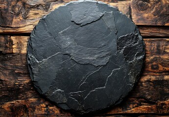 Poster - Rustic Stone Plate on Wood Background Empty Serving Tray Farm to Table Concept Kitchenware Food Presentation : Generative AI