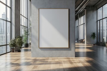 Poster - Large blank white canvas on a grey concrete wall with big windows.  Ideal backdrop for interior design and architectural presentations : Generative AI