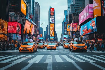 Poster - Times Square New York City Vibrant Urban Scene with Yellow Taxis and Bright Billboards Busy City Life : Generative AI