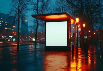 Poster - Illuminated City Bus Stop Billboard at Night Urban Advertising Mockup in a Rainy Evening Scene with City Lights : Generative AI